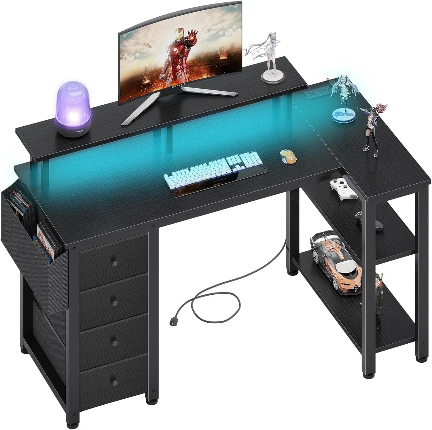 Black L Shaped Desk with Led Lights and Power Outlets, 47 Inch Writing Study Computer Gaming Desks with Fabric Drawers for Bedroom, Home Office Corner Desk with Monitor Stand Shelves, Black