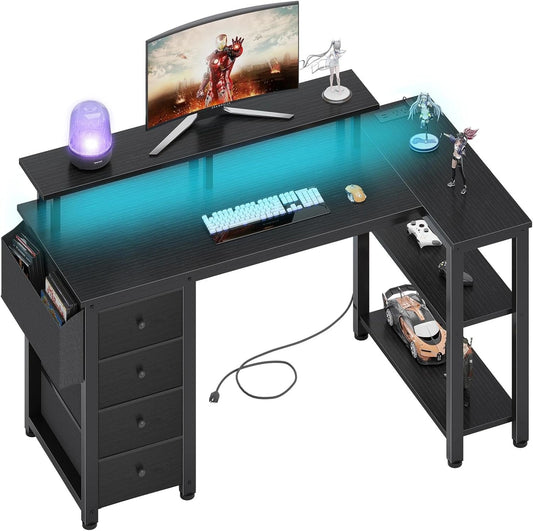 Black L Shaped Desk with Led Lights and Power Outlets, 47 Inch Writing Study Computer Gaming Desks with Fabric Drawers for Bedroom, Home Office Corner Desk with Monitor Stand Shelves, Black
