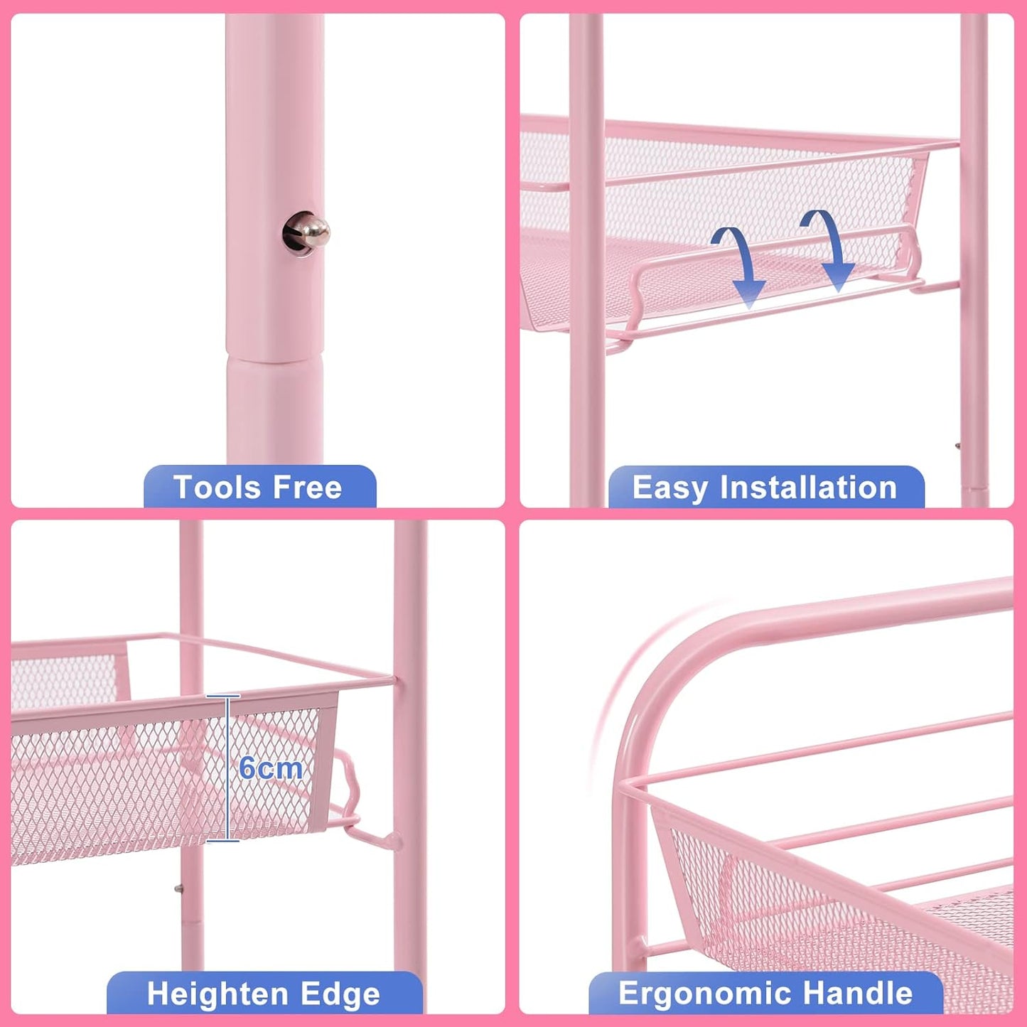 4 Tier Rolling Utility Cart - Durable Metal Design Pink Utility Cart, Storage Trolley on Wheels with 3 Hooks, Perfect for Kitchen, Bathroom & Laundry Room Organization