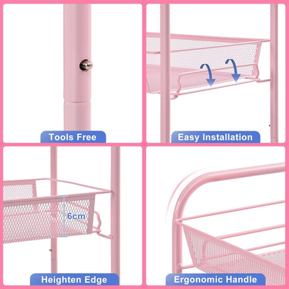 4 Tier Rolling Utility Cart - Durable Metal Design Pink Utility Cart, Storage Trolley on Wheels with 3 Hooks, Perfect for Kitchen, Bathroom & Laundry Room Organization