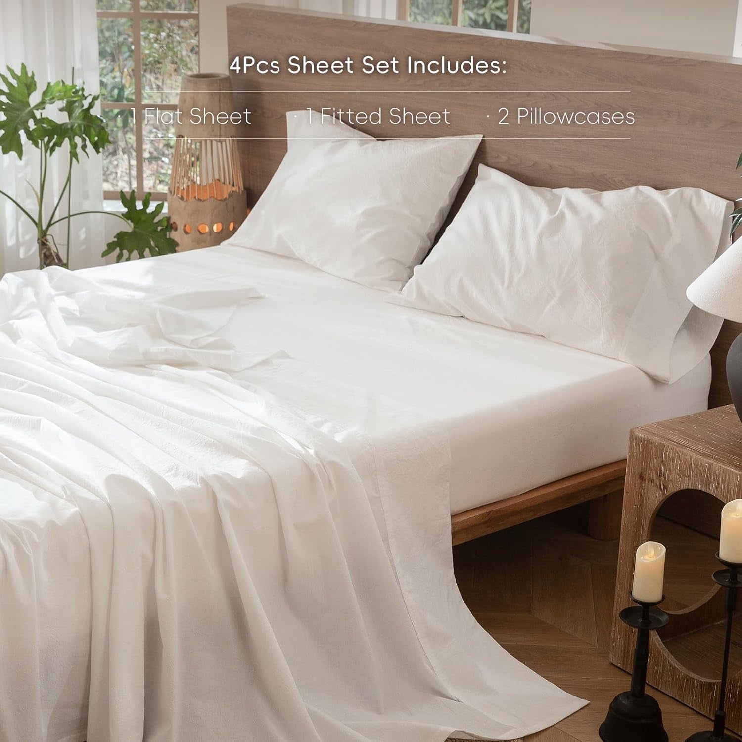 Bedding Sheet Set 100% Washed Cotton Linen like Textured Breathable Durable Soft Comfy (Solid off White, Queen)
