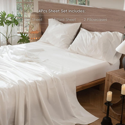Bedding Sheet Set 100% Washed Cotton Linen like Textured Breathable Durable Soft Comfy (Solid off White, Queen)
