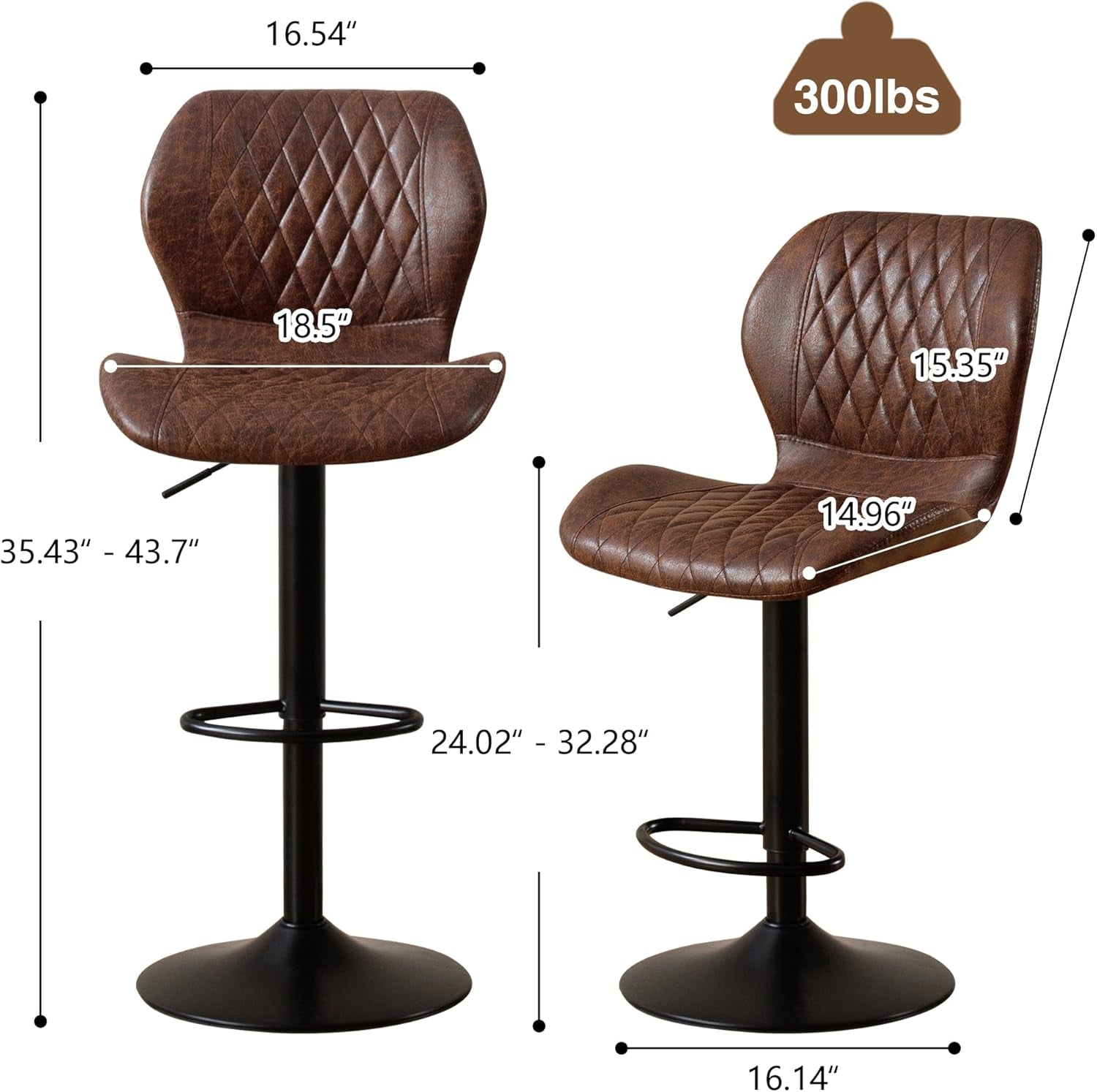 Bar Stools Set of 2, Modern Swivel Counter Height Barstools for Kitchen Island Chairs, Adjustable Faux Leather Bar Stools with Back for Kitchen Counter Bar, Brown