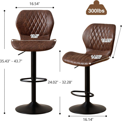 Bar Stools Set of 2, Modern Swivel Counter Height Barstools for Kitchen Island Chairs, Adjustable Faux Leather Bar Stools with Back for Kitchen Counter Bar, Brown