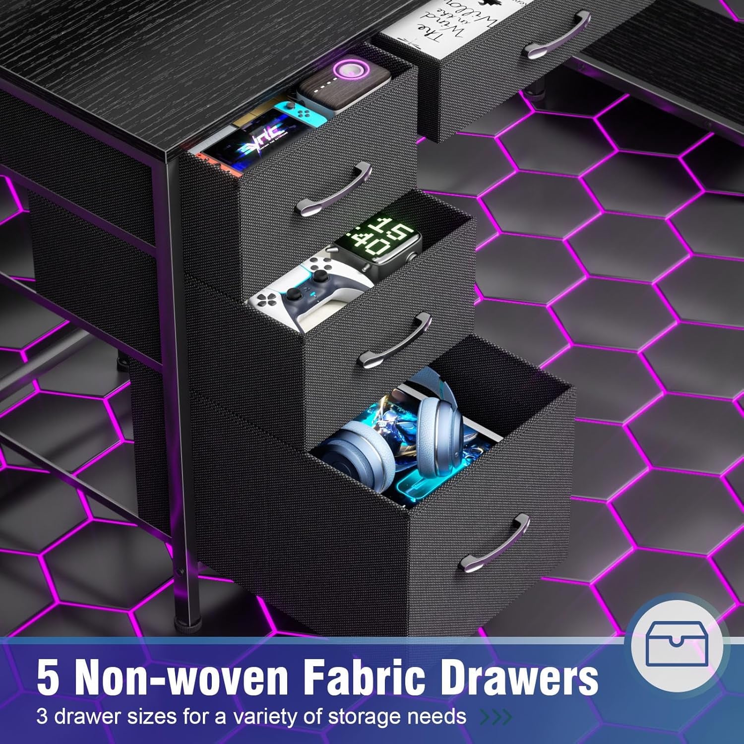 Computer Gaming Desk with Hutch, Home Office Desk with Power Outlets, LED Light, 5 Storage Drawers, 2 Tiers Shelves for Display, 39 Inch Modern Study Writing Table for Bedroom, Black