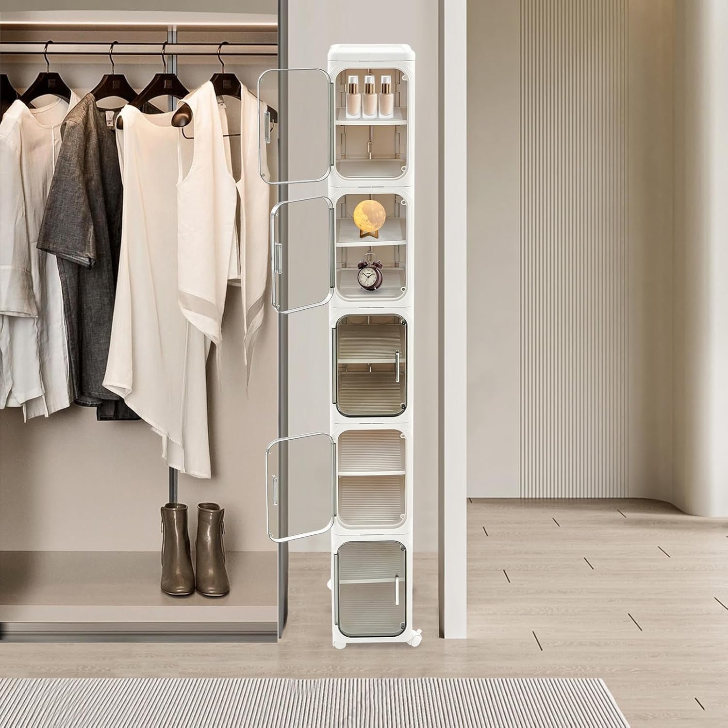 5-Tier Bathroom Storage Cabinet, Narrow Tall Cabinet with 4 Wheels (2 Locking), 15Kg/33Lbs Load Capacity, Slim Organizer for Small Space in Bathroom, Kitchen, Laundry Room (White)​