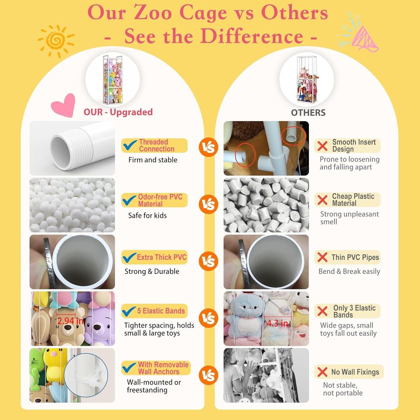 Large Stuffed Animal Storage Organizer - Vertical Zoo Cage & Toy Storage Organizer with Sturdy PVC Tubes - Space-Saving Plush Toy Holder for Kids Room Playroom - Easy Assembly & Fun Cleanup