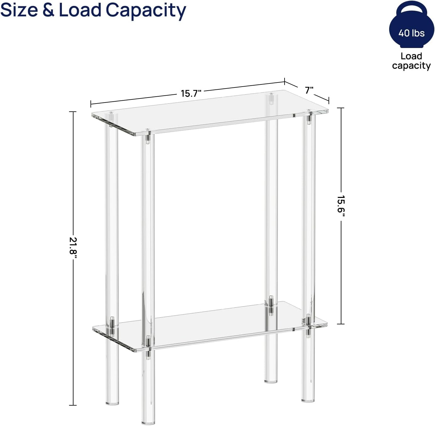 Acrylic Narrow Side Table for Small Spaces, 7" Wide Skinny Nightstand/Bedside Table for Bedroom, Slim Small End Table, 2 Tier, 15.7" L X 21.8" H, Clear