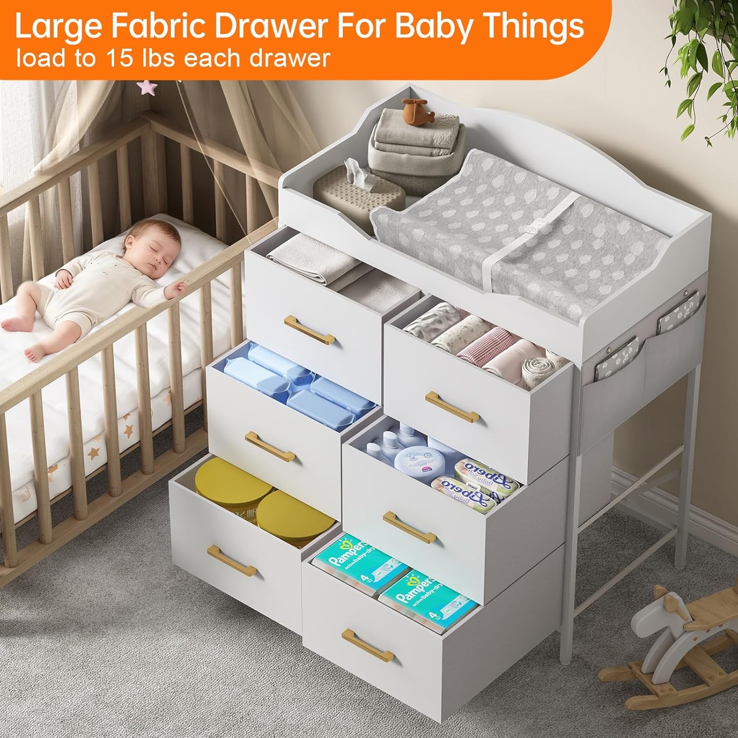 White Changing Table Dresser with 6 Fabric Drawers and Side Pockets, Nursery Dresser with Changing Top, Baby Dresser with Drawers, Diaper Changing Station for Nursery and Bedroom