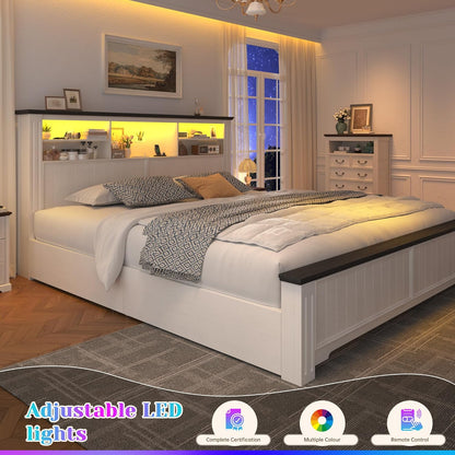 King Size Bed Frame and Headboard & Storage, 4 Drawers and LED Built in Charging Station King Bed Frame with Storage Farmhouse,No Noise,No Box Spring Needed,White