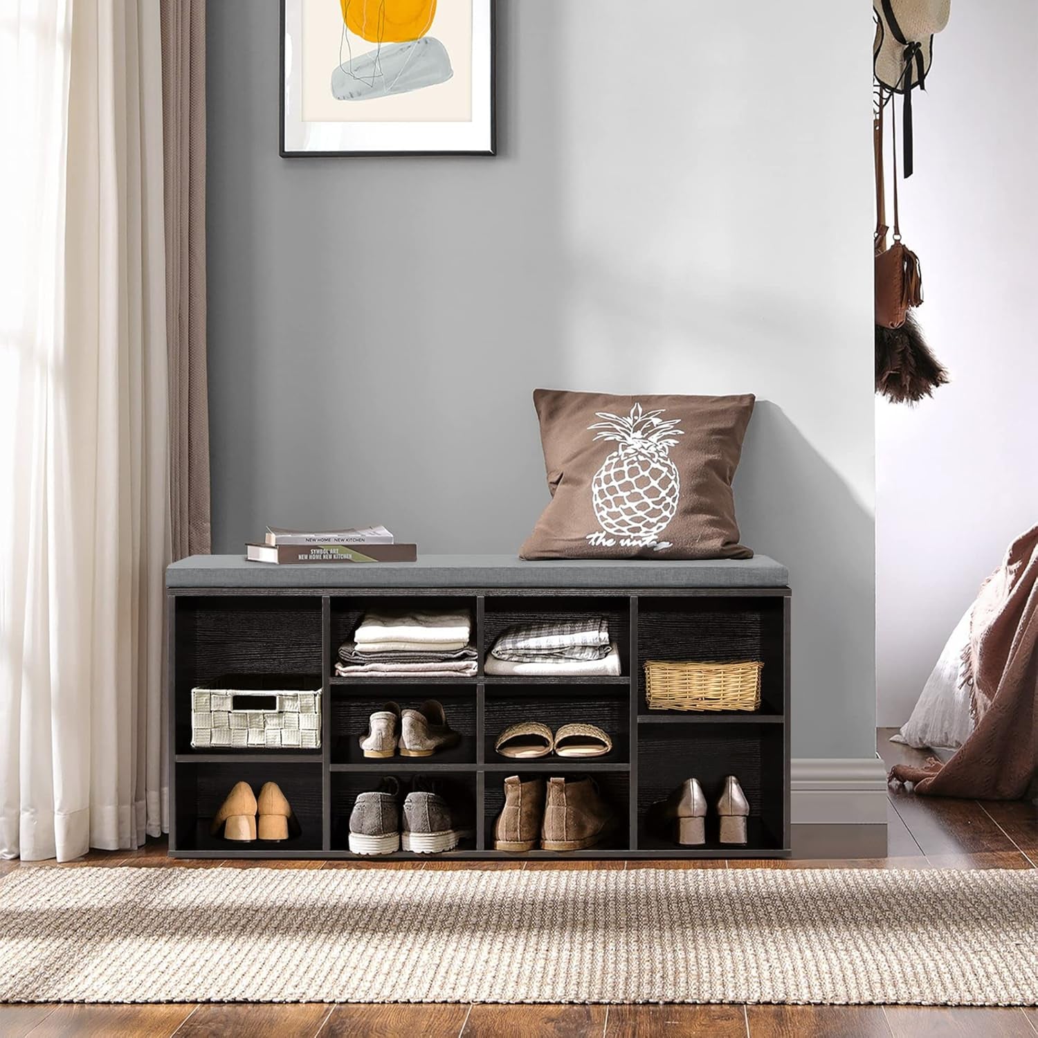 Shoe Bench Storage Bench Entryway Bench Shoe Storage Organizer, 11.8 X 40.9 X 20.7 Inches, with Cushion and 10 Adjustable Compartments for Living Room Entryway Hallway Bedroom