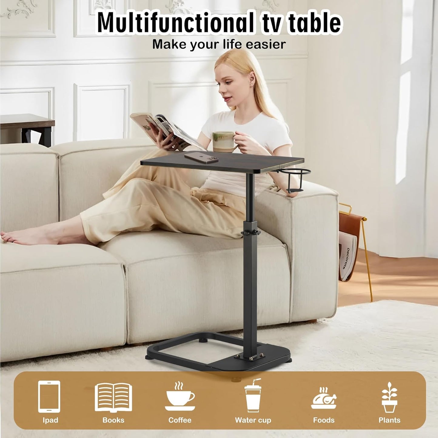 Adjustable TV Tray Table with Rounded Metal Corners, C-Shaped Snack Table for Couch, Sofa, Bed or Chair, Small Space Side Table for Eating, Dinner, or Laptop Use