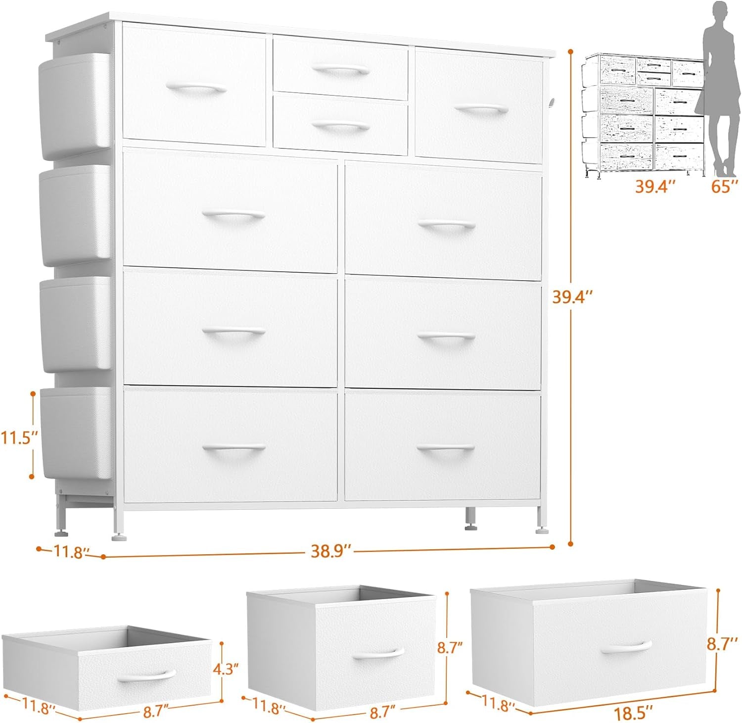 10 Drawer Dresser, Chest of Drawers for Bedroom, PU Dresser with Side Pockets, Hooks, Wooden Top and Sturdy Metal Frame for Living Room, Closet, Hallway (White)