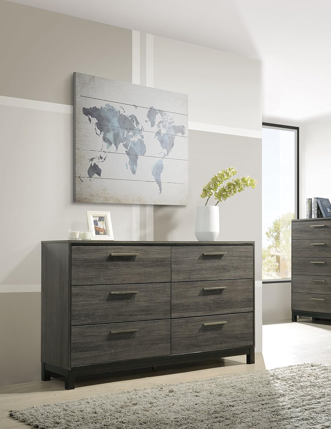 Ioana 187 Antique Grey Finish Wood Bed Room Set, King Size Bed, Dresser, Mirror, Night Stand, Chest