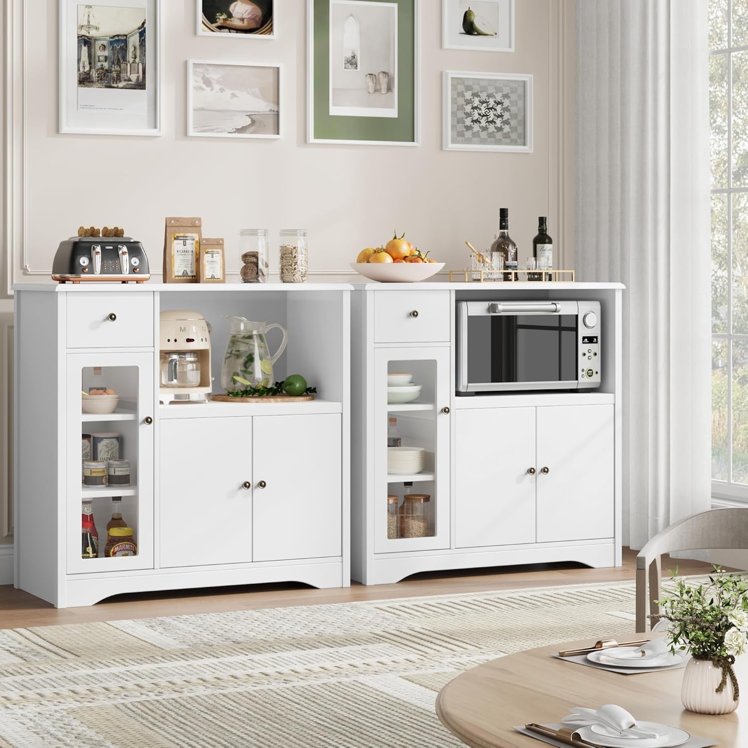 Microwave Cabinet, Kitchen Storage Cabinet with 3 Doors and 1 Drawer, Buffet Sideboard with Adjustable Shelves, Microwave Stand for Kitchen, Dining Room, White