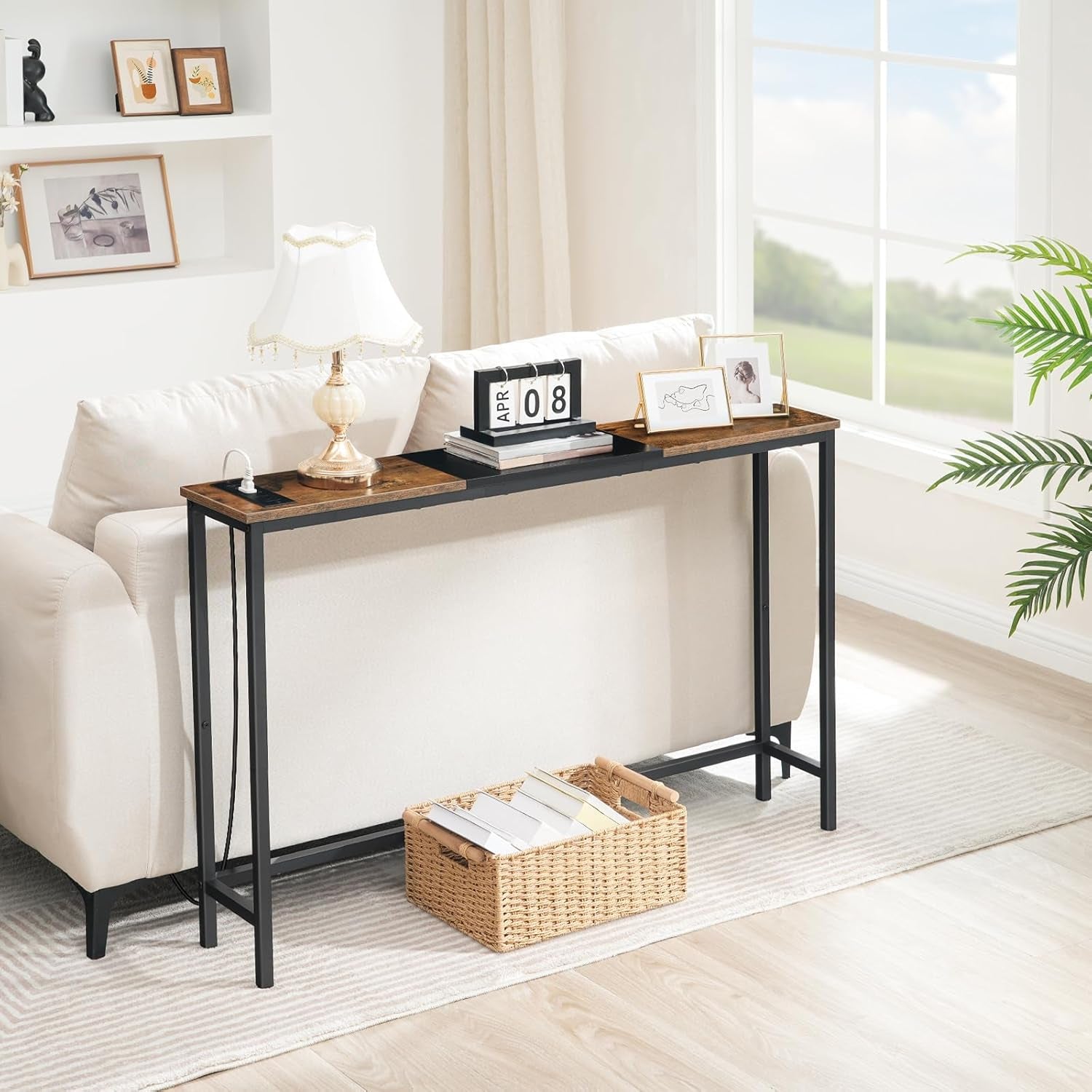 Narrow Console Table with Power Outlets, 44.9 Inches Sofa Table, Slim behind Couch Table, Entryway Table with Display Shelf, for Living Room, Foyer, Hallway, Rustic Brown and Black BF114UXG01