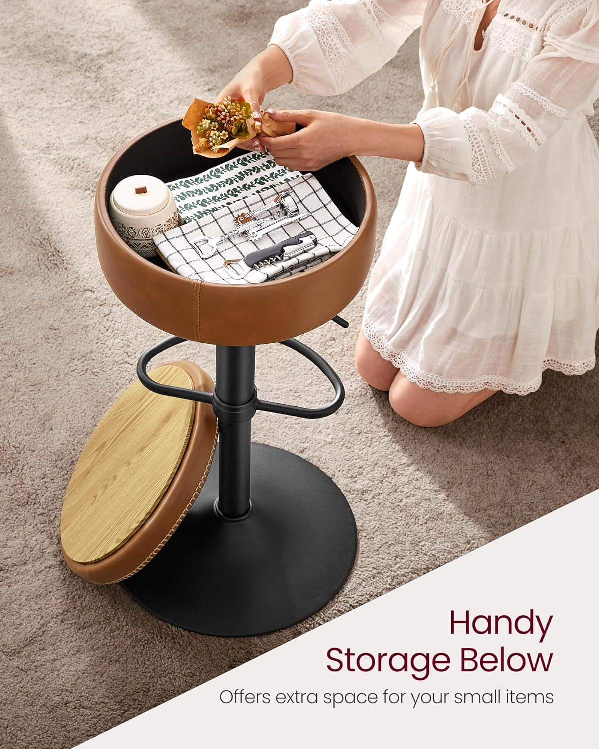 EKHO Collection - 360° Swivel Bar Stool, Height Adjustable Barstool with Storage, Synthetic Leather with Stitching, Mid-Century Modern, Kitchen Bar, Easy Assembly, Ink Black