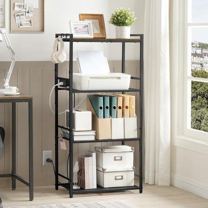 Bakers Rack with Power Outlet, Microwave Stand with Hooks, Multifunctional Storage Rack, Coffee Bar with Enclosure, Kitchen Storage Shelf, for Kitchen, Dining Room, Rustic Brown BRHR40E01N1