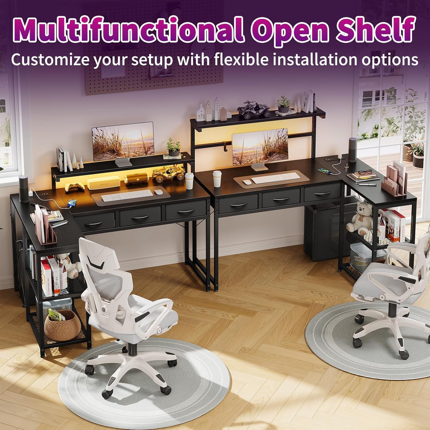 50 Inch L Shaped Gaming Desk with 3 Drawers & Storage Shelves & Hutch, Computer Desk with USB Ports, Study Writing Table for Bedroom, Simple Modern Laptop Desk for Home Office, Black