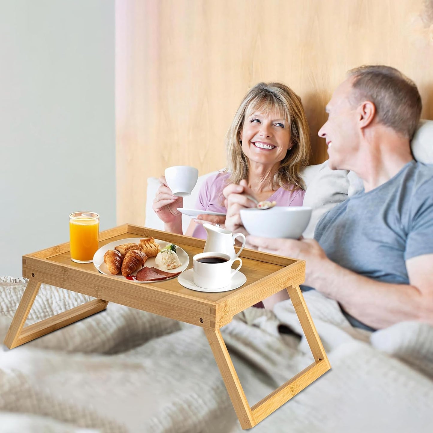 Bamboo Bed Tray Table with Foldable Legs, Breakfast Tray, Laptop Desk for Bed or Sofa,Serving,Tv Table Kitchen, Eating,Working, Reading (Beige)