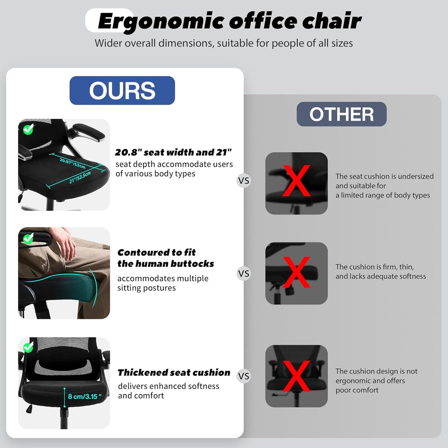 Ergonomic Office Chair, 400 LBS Computer Chairs with Adjustable Lumbar Support, Breathable Mesh Desk Chair Ergonomic with Thickened Cushion, Comfy Home Office Desk Chair (Black)