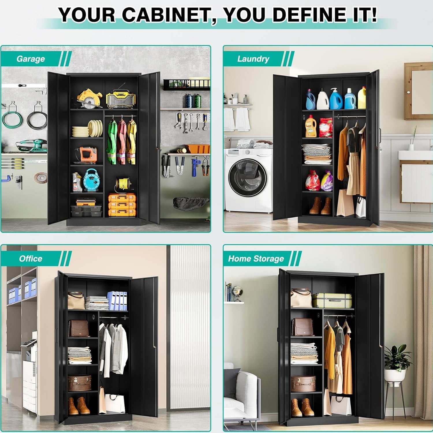 Metal Wardrobe Cabinet with Lock,72" Armoire Closet with Hanging Rod,Lockable Storage Locker,Black Storage Cabinet with Locking Doors,Garage Closet,Steel Wardrobe for Home,Bedroom,Office,Employee,Shop
