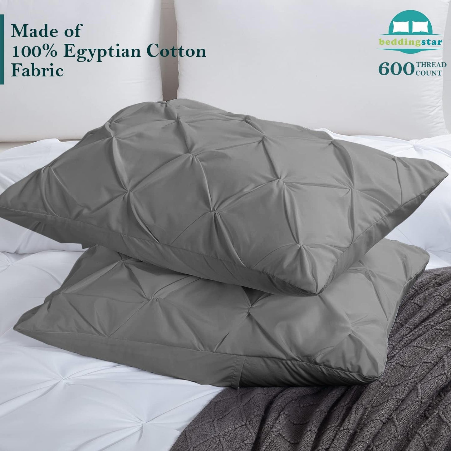King Pillow Shams Set of 2 Pinch Pleated Dark Grey Pillow Shams King Size 20X36 Pillow Covers 100% Egyptian Cotton 600 TC Soft Skin Friendly Cushion Cover Cases Pinch Decorative Pillow Shams for Bed