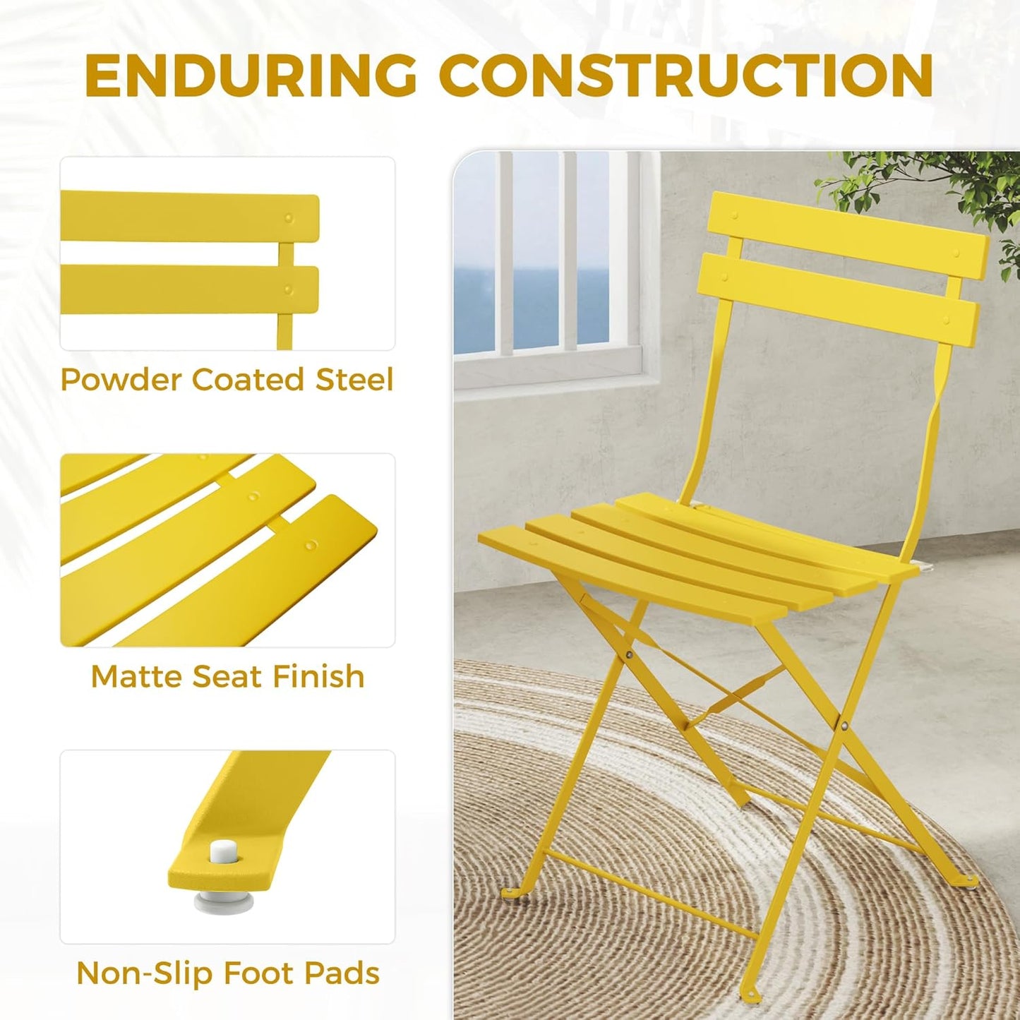 3-Piece Folding Bistro Set, 2 Chairs and 1 Table, Weather-Resistant Outdoor/Indoor Conversation Set for Patio, Yard, Garden-Yellow