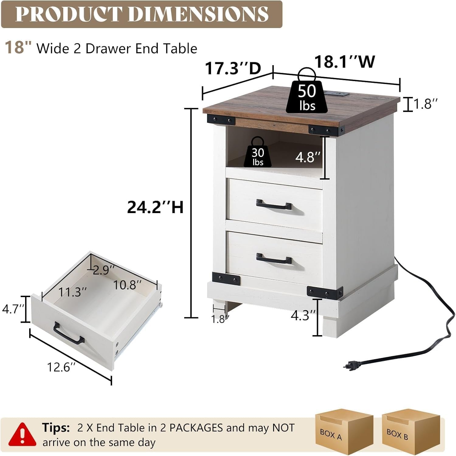 5-Piece Farmhouse Bedroom Set, Includes Wood Rustic King Bed Frame with 54" Tall Headboard, 6 Drawer Dresser Chests, 5 Drawers Tall Dresser, Nightstands Set of 2 with Charging Station, White