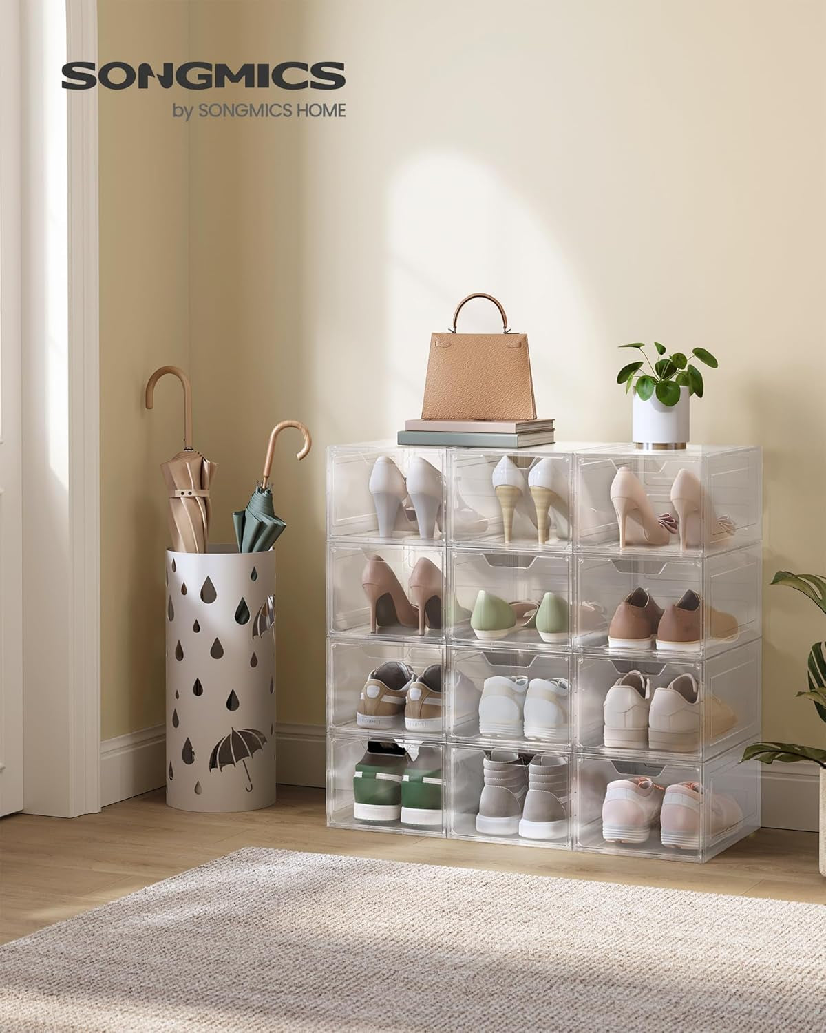 Shoe Boxes, Clear Shoe Organizers, Set of 12, Plastic Shoe Storage with Clear Door, Easy Assembly, up to US Size 13, Transparent White ULSP032W12