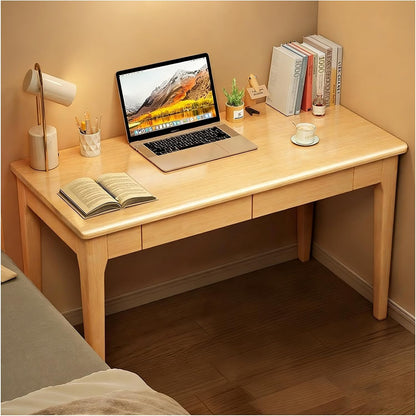 Solid Wood Desk with Drawers, Writing Study Table for Small Spaces, Mid Century Versatile Home Office Computer Workstation, Wooded Vanity Table for Bedroom