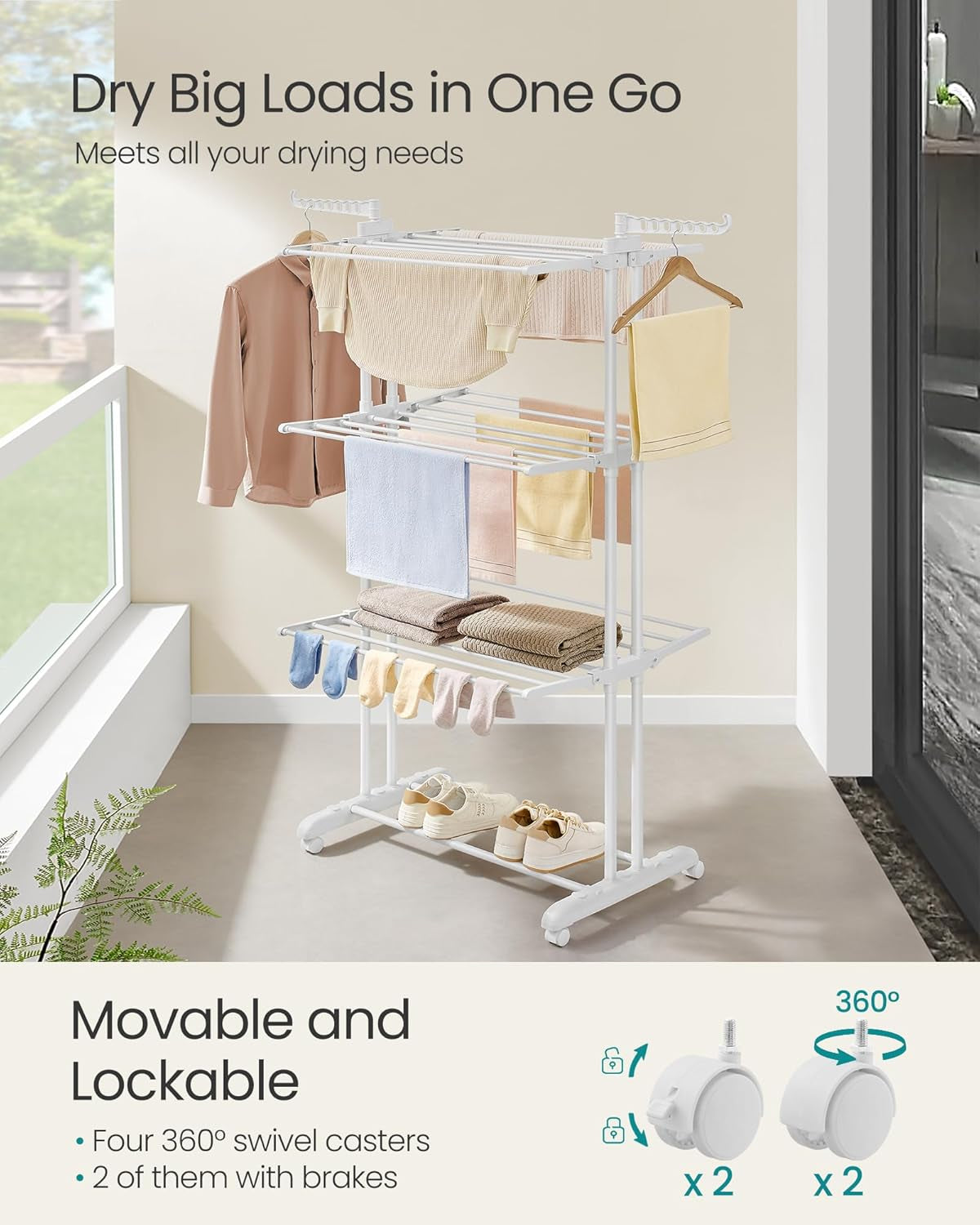 Clothes Drying Rack Stand 4-Tier, Foldable Laundry Drying Rack 68.1-Inch Tall, Stainless Steel, Rolling Clothes Horses Dryer Rack, Easy to Assemble, Indoor Outdoor Use, Cloud White ULLR701W03