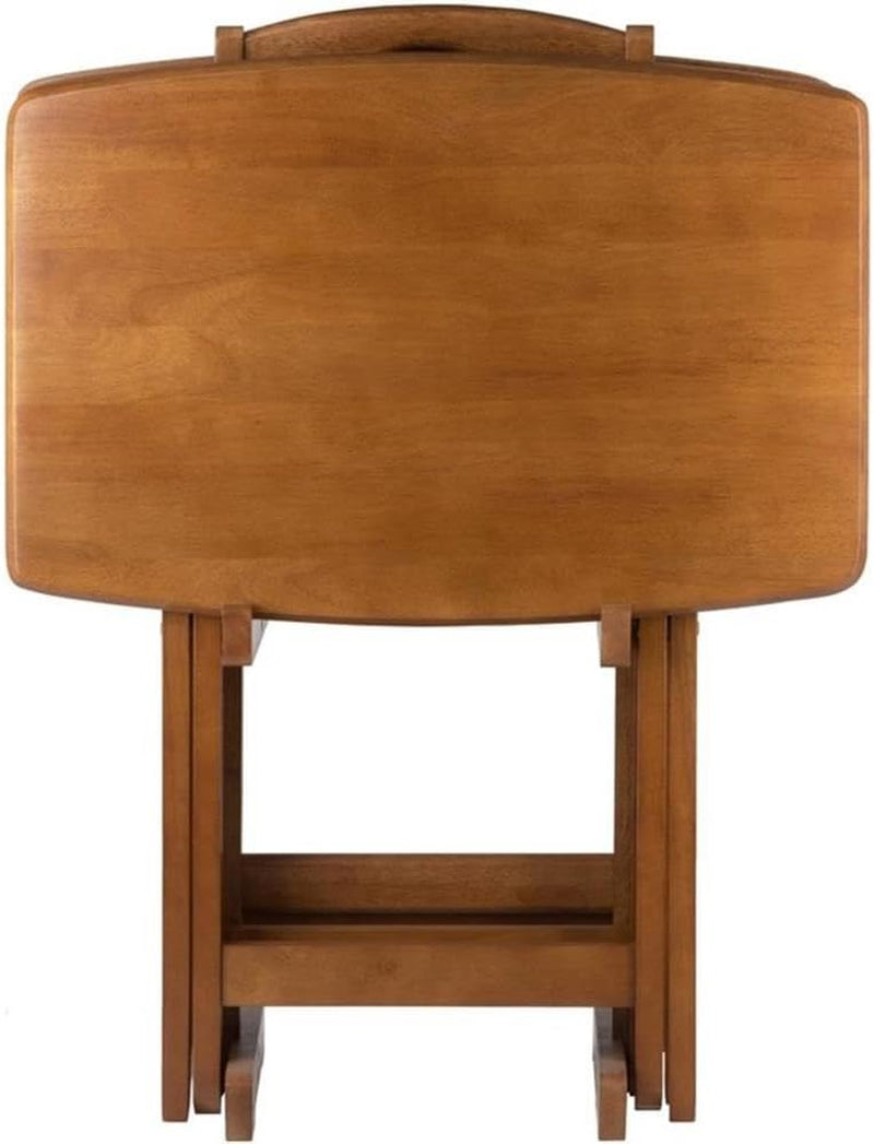 24" W X 12" D Transitional Oversized Solid Wood Snack Table Set with Storage Stand, Curved Sides, Rounded Corners, X-Frame Bases, No Assembly Required, in Brown Finish (Set of 5)