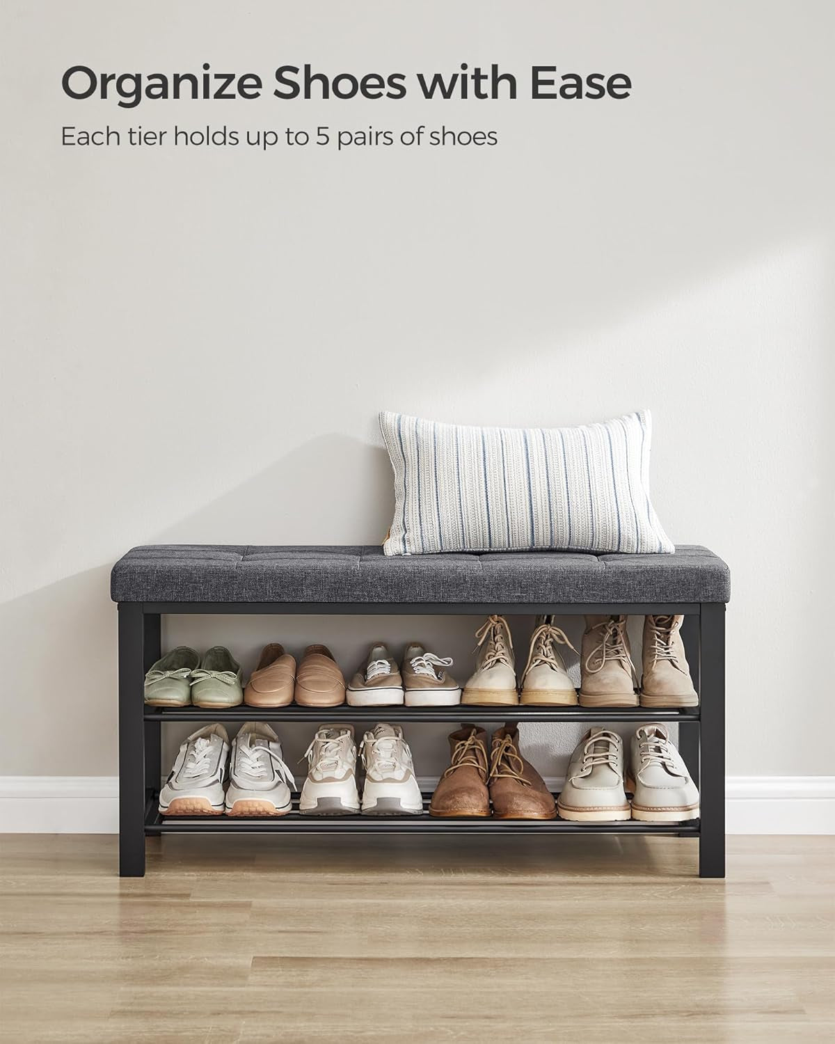 Shoe Bench, Storage Bench, Entryway Bench with Cushion, Shoe Shelf with Seat, Space-Saving, Modern Style, for Living Room, Bedroom, Hallway, Dark Gray and Ink Black ULBS579B33