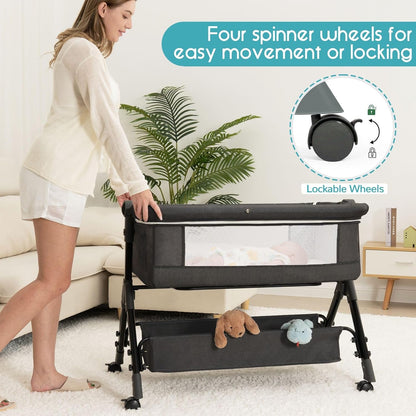Baby Bassinet, Bedside Bassinet for Baby, 3 in 1 Bassinet Bedside Sleeper with Wheels, Mosquito Net, Adjustable Easy Folding Portable Bed for Infant Newborn (Dark Grey)
