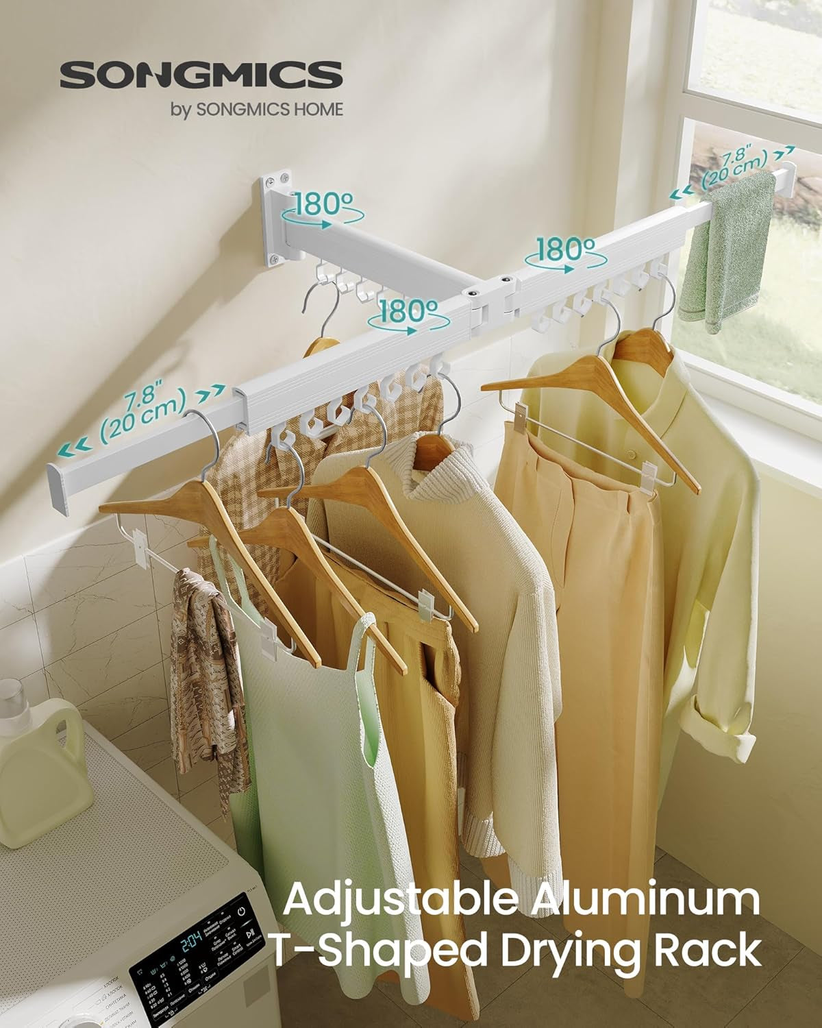 Clothes Drying Rack, Wall-Mounted Laundry Drying Rack, Extendable, Foldable Arms, with 21 Swivel Sliding Hooks, Space-Saving, for Laundry Room, Bathroom, Cloud White ULLR807W01
