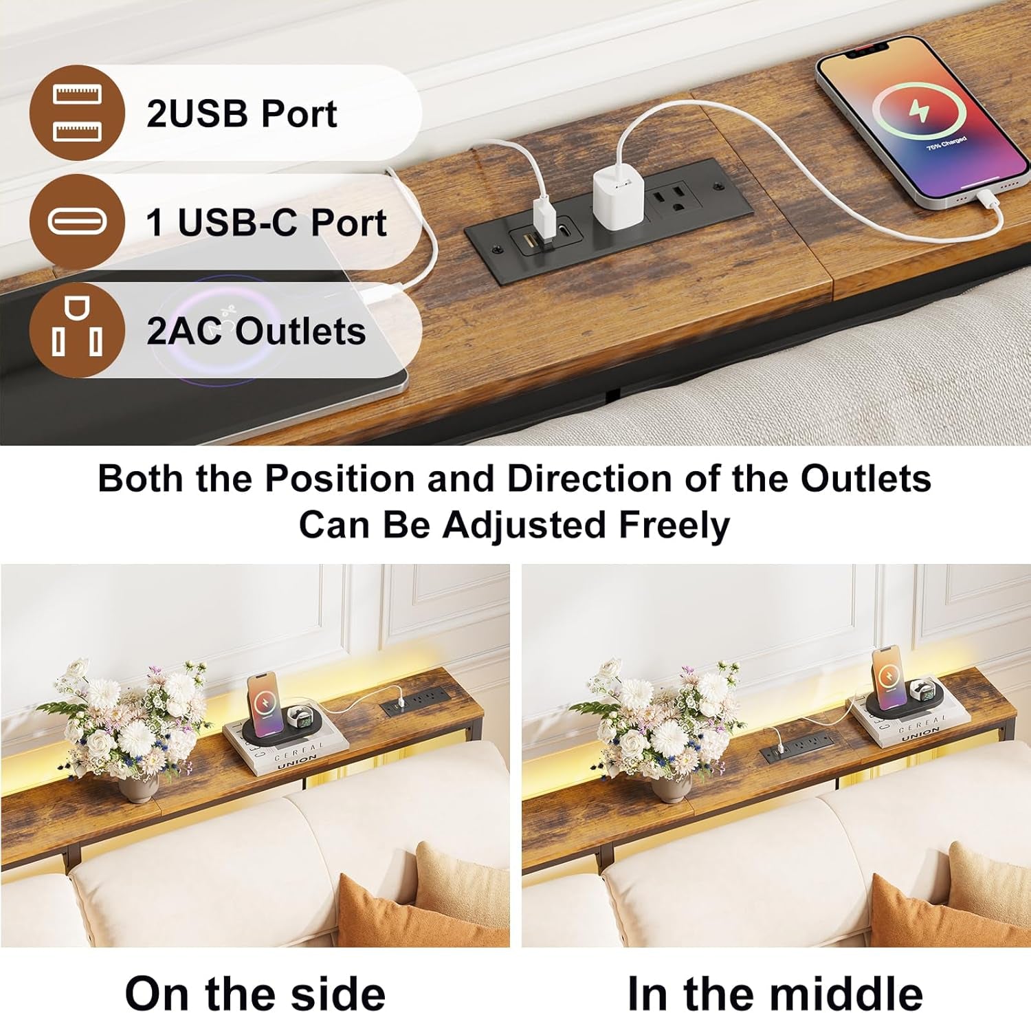 79In behind Couch Table Adjustable Height Sofa Table with Charge Station Narrow Console Table with LED Lights, Rustic Brown