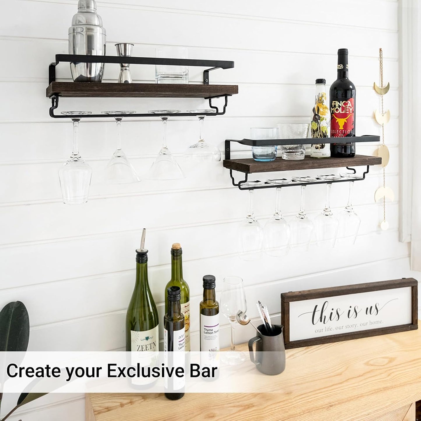 Wall Mounted Wine Rack Set of 2 Wood Rustic Wine Bottle Glass Floating Shelves with Stemware Hanger Modern Plants Photos Wine Display Storage Holder for Kitchen Dining Room Bar, 17 Inch
