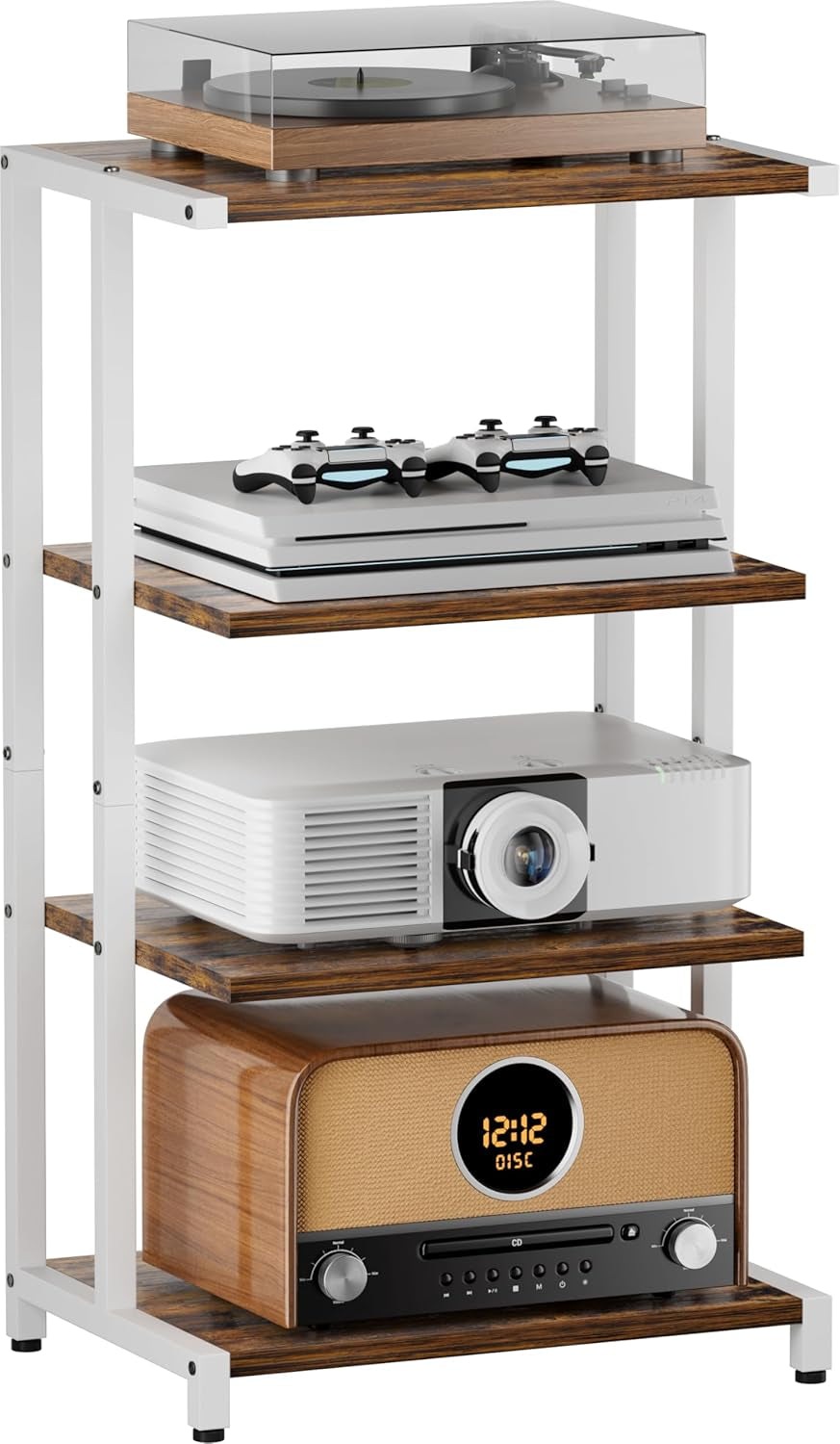 4-Tier Media Storage Stand, Audio Media Rack for Living Room, Gaming Room, Music Studio, Wooden Game Console Shelf for TV Accessories/Audiovisual Equipment/Optical Disc/Ps4, White