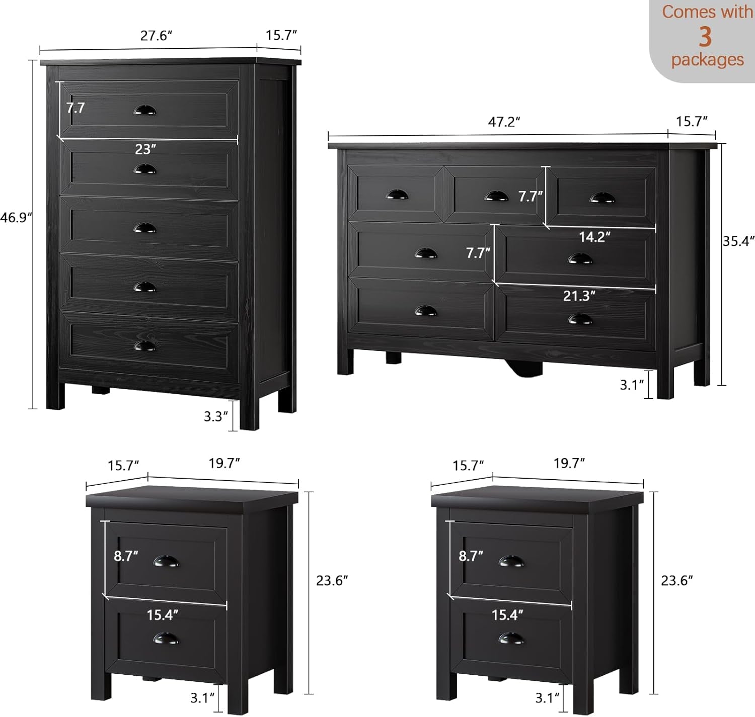 4-Piece Farmhouse Bedroom Dresser Set, 7 Drawer Double Dresser & 5 Drawer Tall Dressers & 2 Nightstands with 2 Drawers