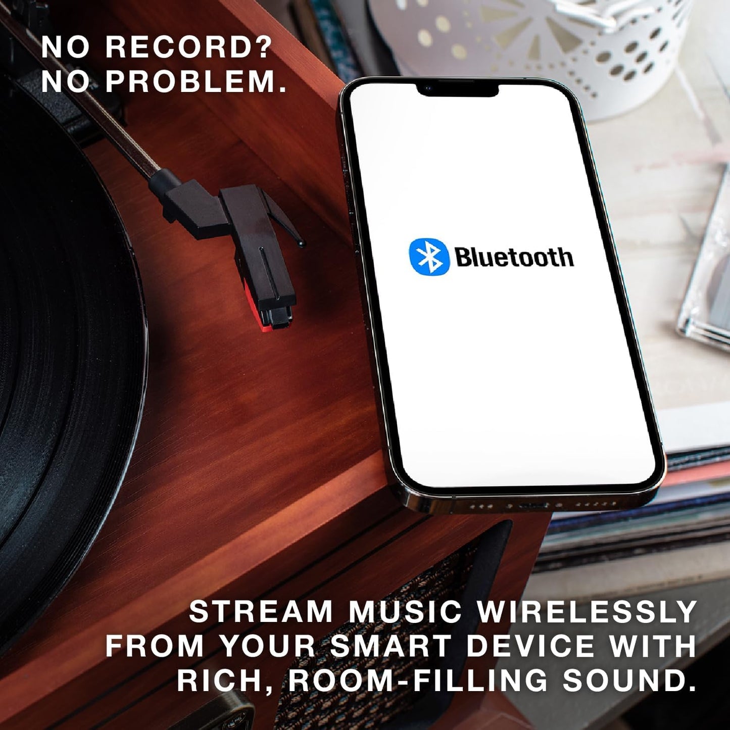 the Quincy 6-In-1 Bluetooth Record Player & Multimedia Center with Built-In Speakers – 3-Speed Turntable, CD & Cassette Player, AM/FM Radio, Wireless Music Streaming (Mahogony)