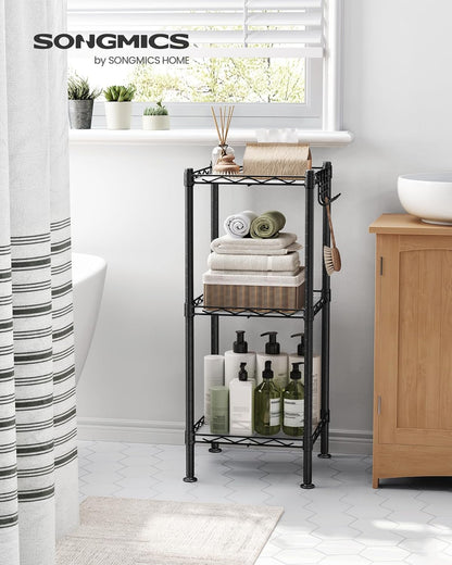 3-Tier Bathroom Shelf, Storage Rack for Small Space, with 3 PP Shelf Liners, Removable Hook, Extendable Design, Ink Black and Translucent ULGR103B01