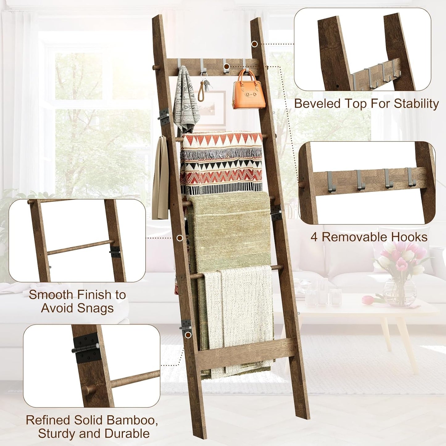 5-Tier Bamboo Ladder Shelf, Farmhouse Style Blanket Ladder, Rustic Decorative Ladder with 4 Removable Hooks, Brown