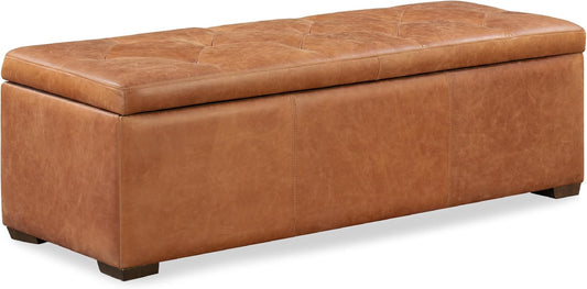 Senja Storage Ottoman – 52" Large with Feather-Down Topper – Full-Grain Leather Upholstered Ottoman Box – Bench or Bedroom Storage – Vintage Italian Leather in Cognac Tan