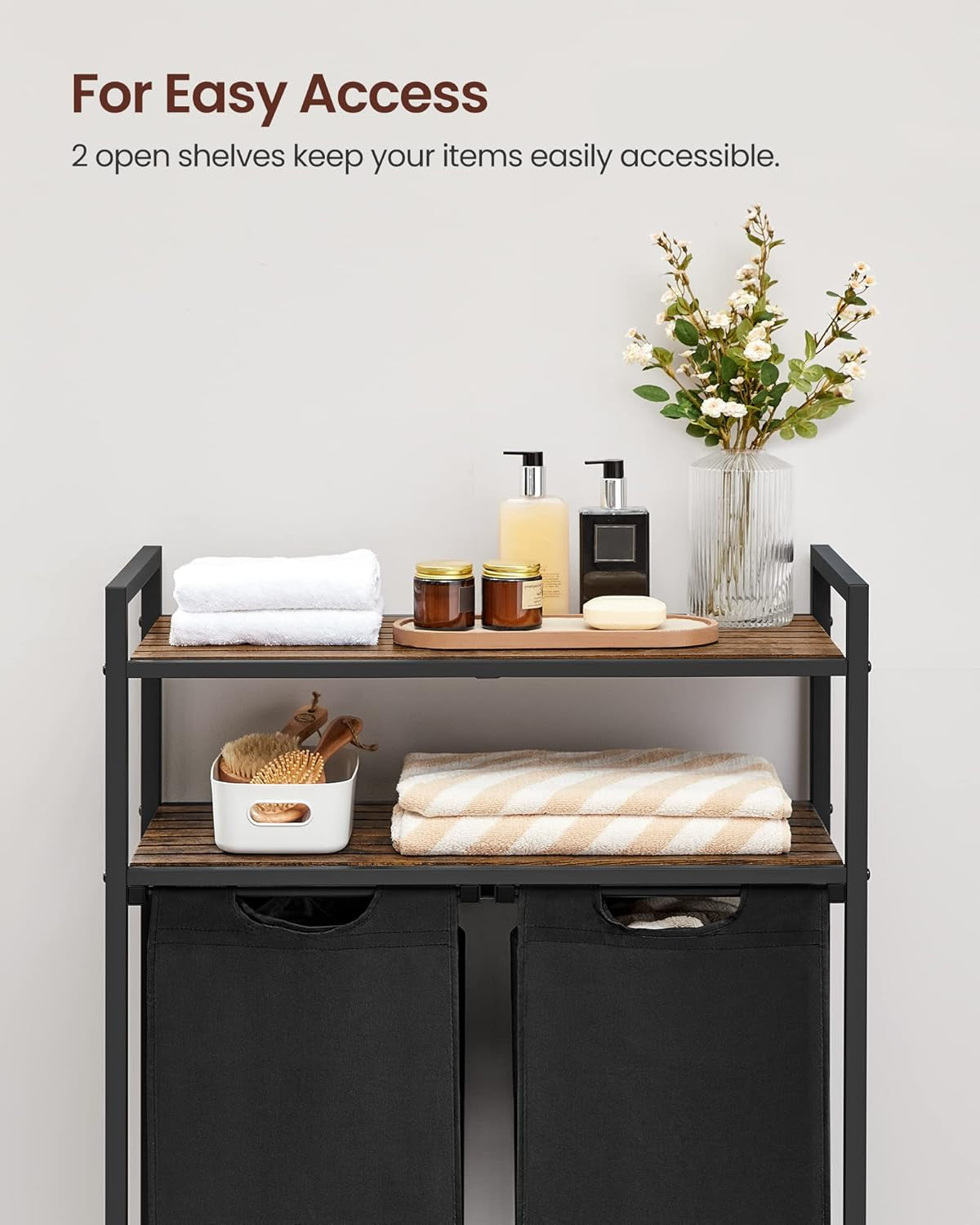 Laundry Hamper, Laundry Basket, Laundry Sorter with 2 Pull-Out and Removable Bags, 2 Shelves, 12.1 Gal (46L) Capacity per Bag, for Laundry Room, Rustic Brown and Black UBLH211B01
