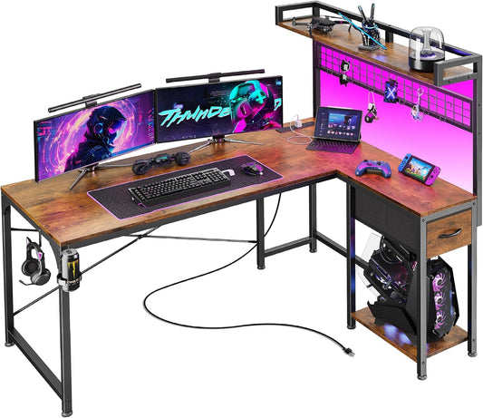 L Shaped Gaming Desk with Shelves, Corner Computer Table with LED Lights, Power Outlets and USB-C Ports, 50 Inch Reversible Home Office Desk with Storage Drawer, Work and Study, Rustic Brown