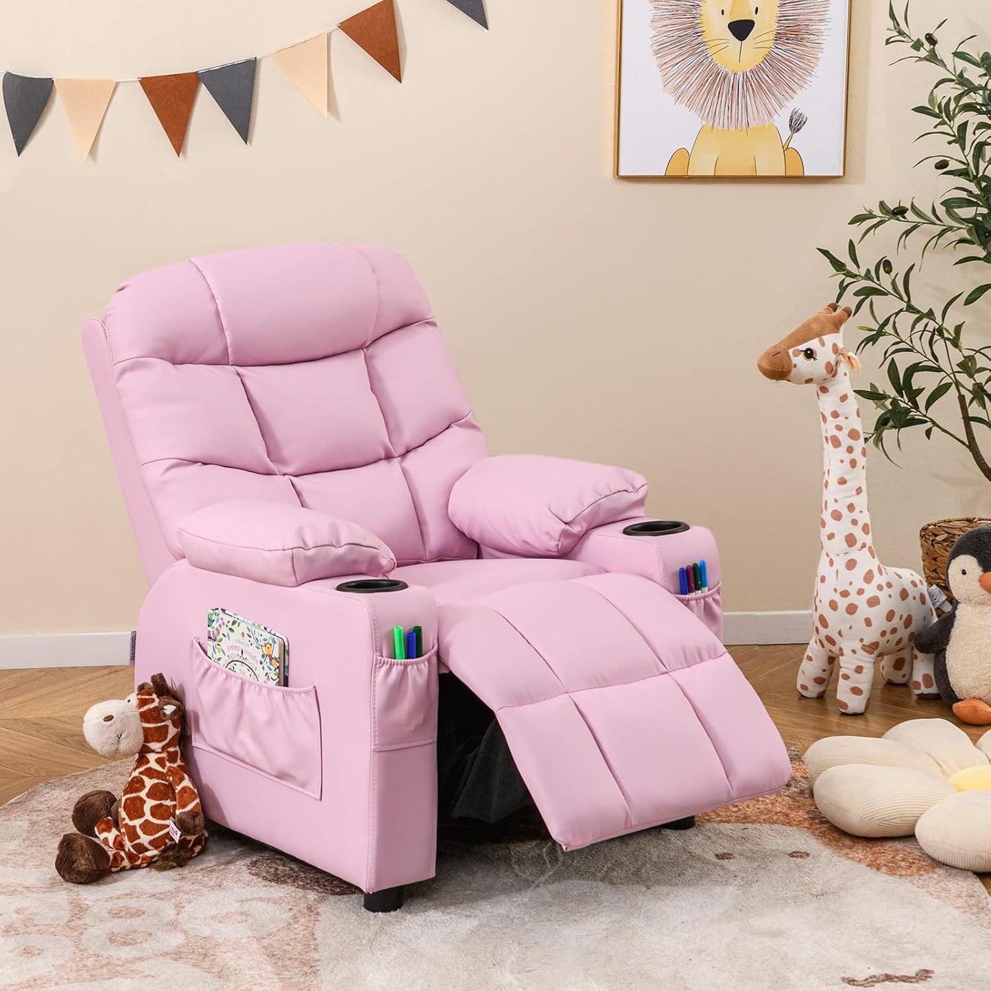 Kids Recliner Chair with Cup Holder, Adjustable Lounge Chair W/Footrest & Side Pockets for Children Boys Girls Room, Ergonomic Toddler Furniture Sofa, Kids Pink Recliner (Pink)