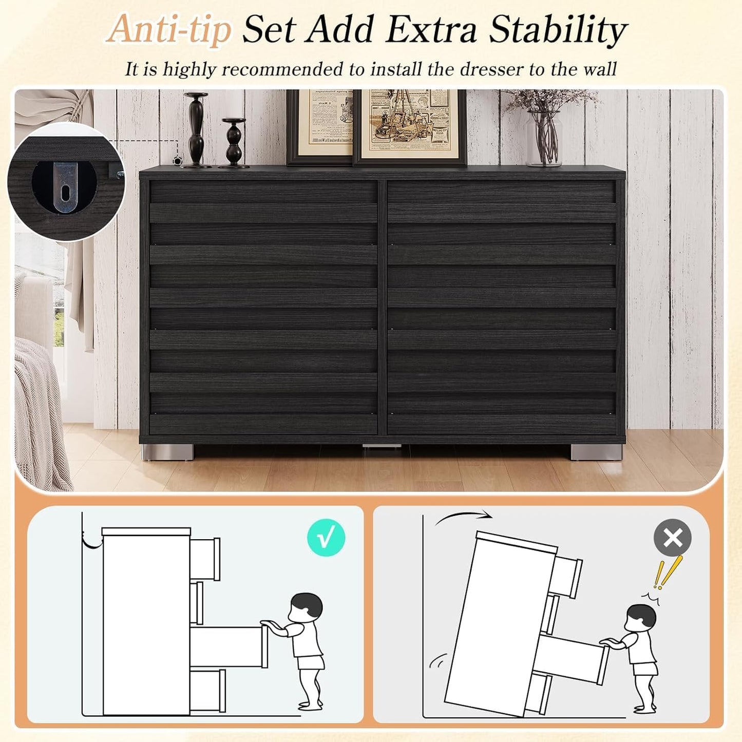 2 Pcs Bedroom Furniture Sets - Includes 1 X Farmhouse 6 Drawers Dresser, 1X Farmhouse Full Size Bed Frame with 49" Tall Headboard, Wooden Platform Bed with Hidden Metal Bed Frame, Black