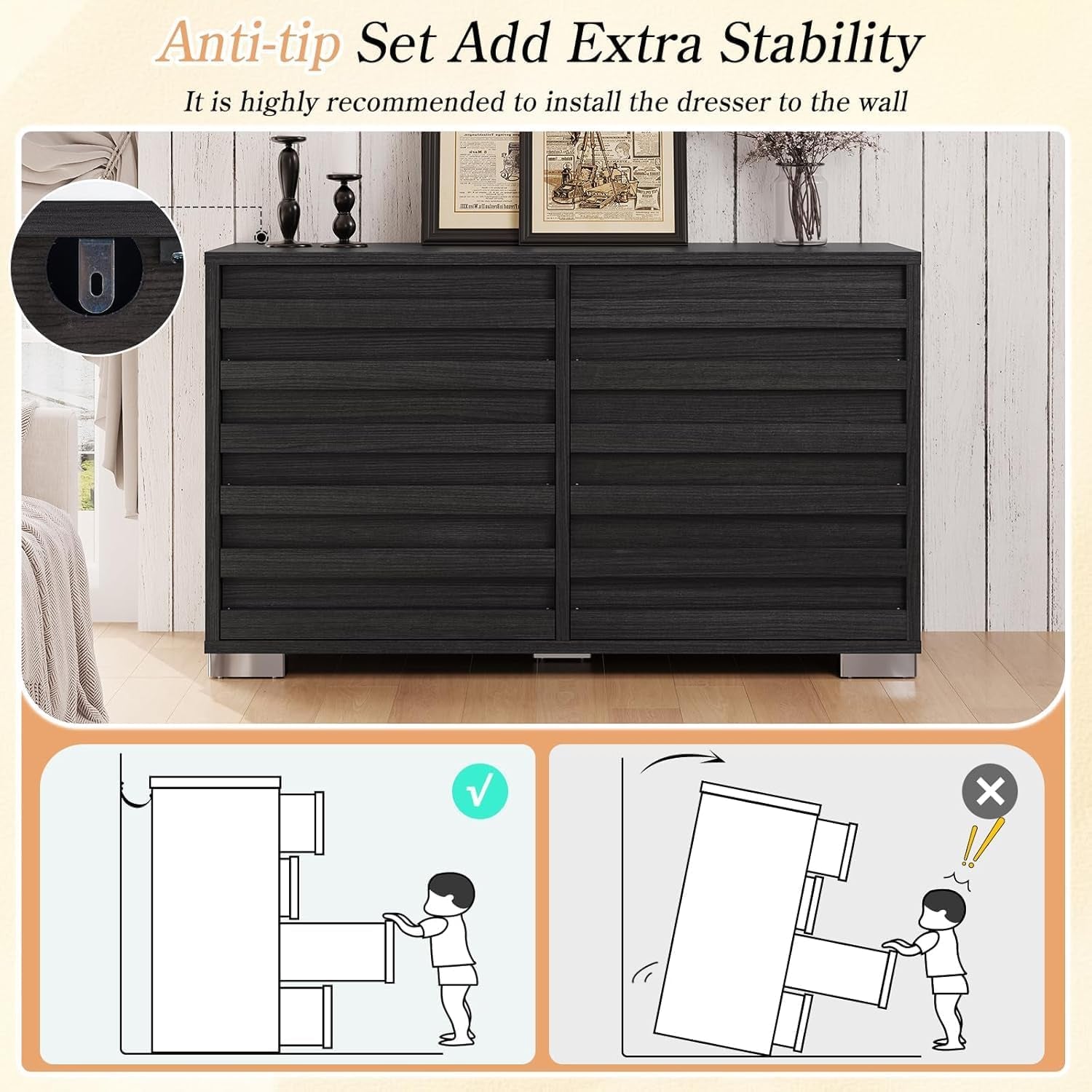 2 Pcs Bedroom Furniture Sets - Includes 1 X Farmhouse 6 Drawers Dresser, 1X Farmhouse Full Size Bed Frame with 49" Tall Headboard, Wooden Platform Bed with Hidden Metal Bed Frame, Black