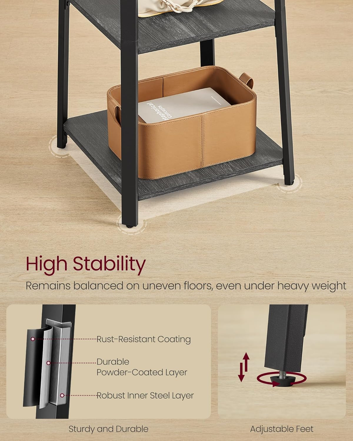 Coat Rack, Coat Stand with 3 Shelves, Hall Tree Free Standing with Hooks for Scarves, Bags, Umbrellas, Steel Frame, Industrial Style, for Entryway, Living Room, Rustic Brown and Black ULCR80X